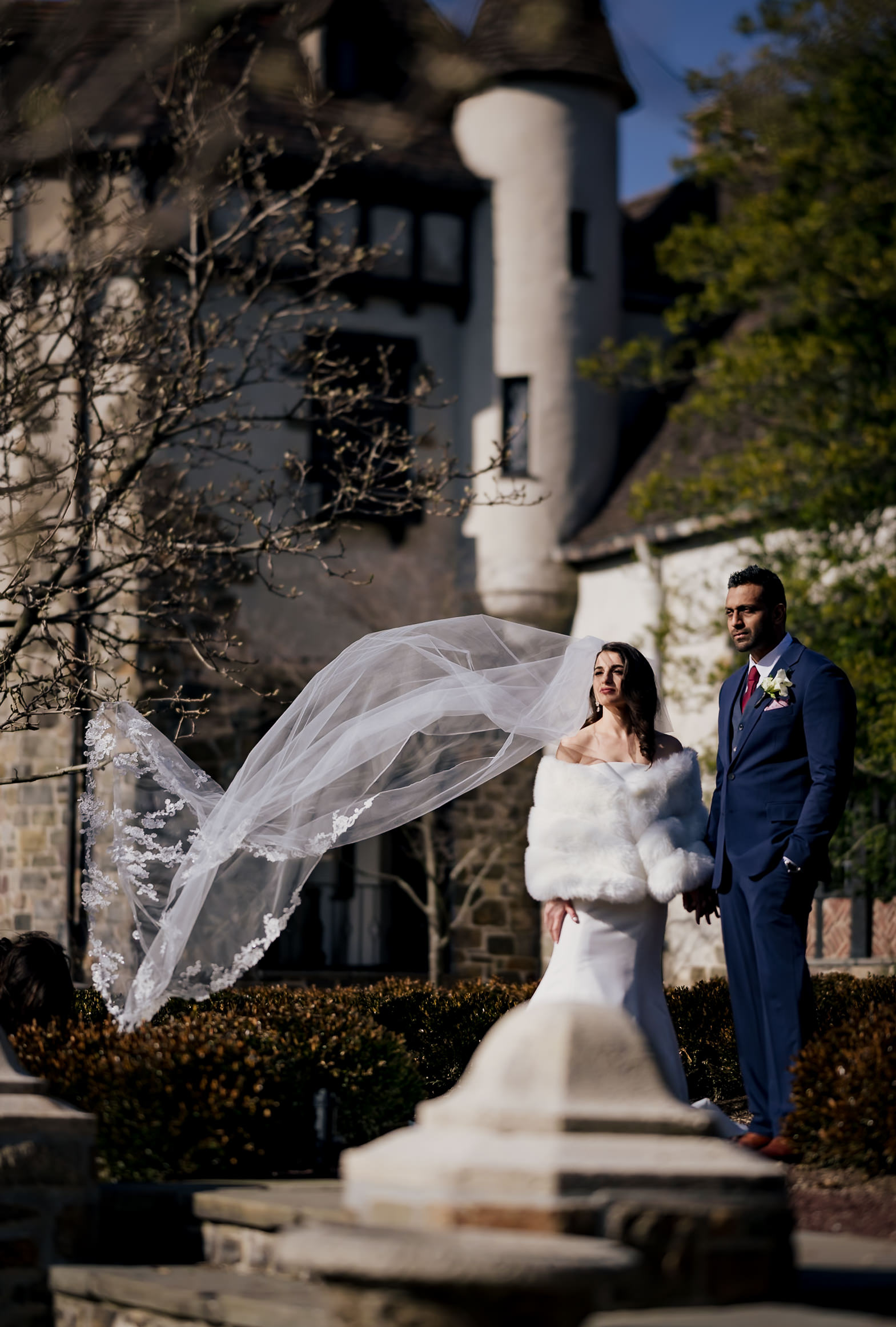 winter wedding couple portrait at Pleasantdale Chateau in West Orange NJ